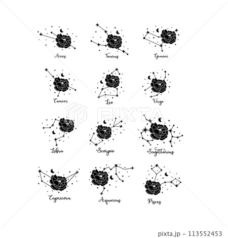 12 zodiac constellation with rose silhouette, moon and stars 113552453