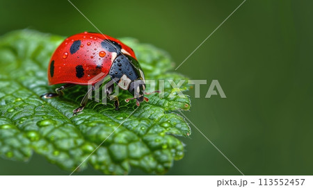 Red Ladybug on Green Leaf 113552457
