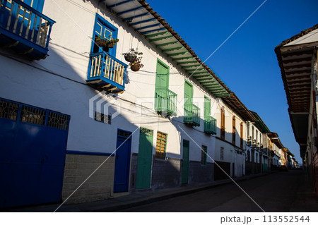 Beautiful streets at the historical downtown of the heritage town of Salamina located at the Caldas department in Colombia. 113552544