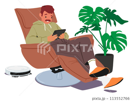 Man Comfortably Seated In An Armchair, Engrossed In His Tablet. Relaxed Male Character Browses And Shops Online 113552766