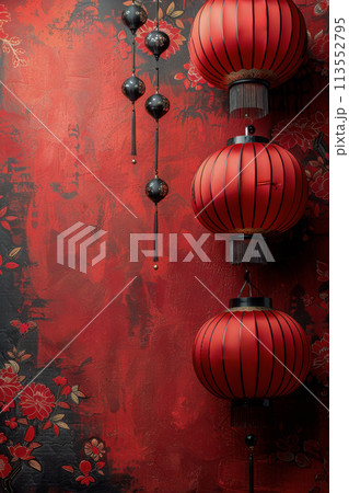 Three Red Lanterns Hanging From a Red Wall 113552795