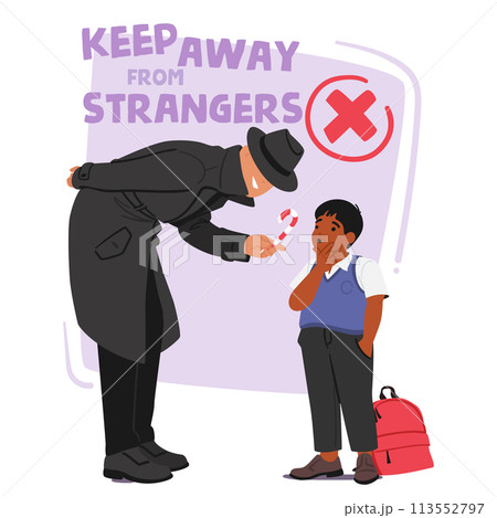Suspicious Stranger Character In A Black Coat And Hat Lures A Young Schoolboy With Candy, Illustrating The Danger Suspicious Stranger Character In A Black Coat And Hat Lures A Young Schoolboy With Candy, Illustrating The Danger 113552797