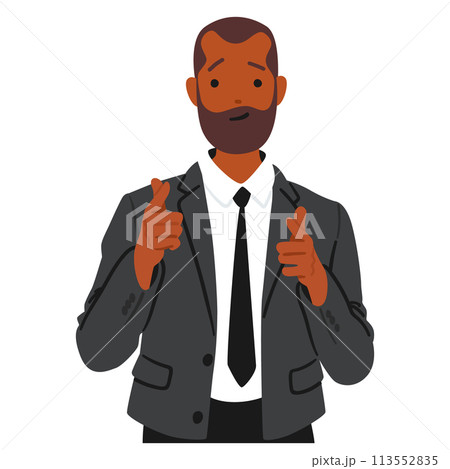 Standing Businessman Character Confidently Points Both Index Fingers Toward The Viewer, Gesturing With A I Want You Standing Businessman Character Confidently Points Both Index Fingers Toward The Viewer, Gesturing With A I Want You 113552835