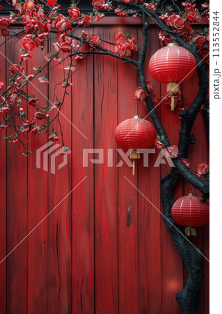 Three Red Lanterns Hanging From a Red Wall 113552844