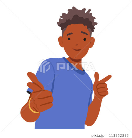 Teen Boy Pointing Directly At The Viewer With Index Fingers, Exhibiting Confidence And Assertiveness In His Gesture Teen Boy Pointing Directly At The Viewer With Index Fingers, Exhibiting Confidence And Assertiveness In His Gesture 113552855