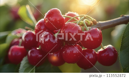 Cherries Hanging From Tree in Rain 113552872