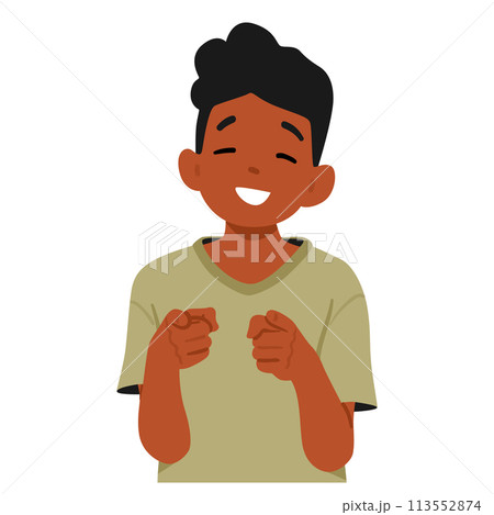 Young Smiling Child Character Pointing Directly At The Viewer With Both Index Fingers, Displaying Innocence 113552874
