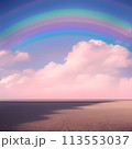 大きい虹が空に掛かっていて、全体的にピンクが混ざっているイラスト 113553037