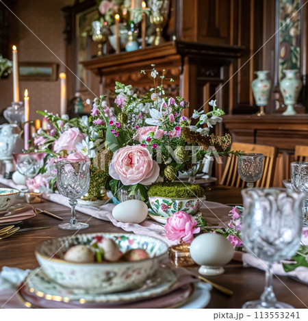 Easter table setting with painted eggs, spring flowers and crockery 113553241
