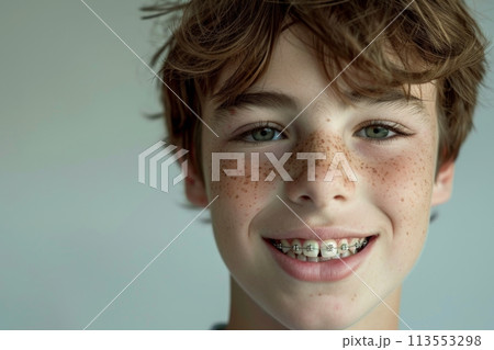 Close-up of a smiling adolescent boy with braces and freckles Close-up of a smiling adolescent boy with braces and freckles 113553298