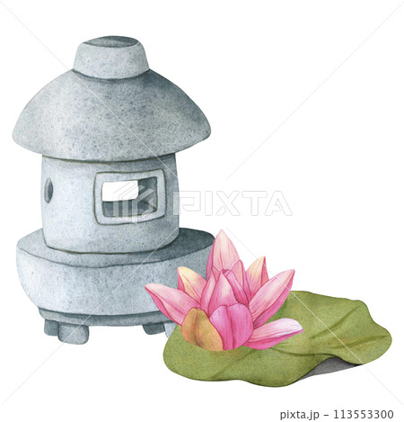 Stone Lantern and Buds Pink Lotus for the Japanese Garden isolated. Hand drawn Watercolor illustration sculpture and tropical Water Lily. Japanese stone statue, Landscape design element Stone Lantern and Buds Pink Lotus for the Japanese Garden isolated. Hand drawn Watercolor illustration sculpture and tropical Water Lily. Japanese stone statue, Landscape design element 113553300