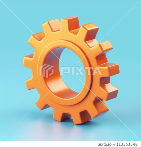 Single orange gear with a reflective surface in a high-quality 3d illustration against a smooth blue gradient background Single orange gear with a reflective surface in a high-quality 3d illustration against a smooth blue gradient background 113553348