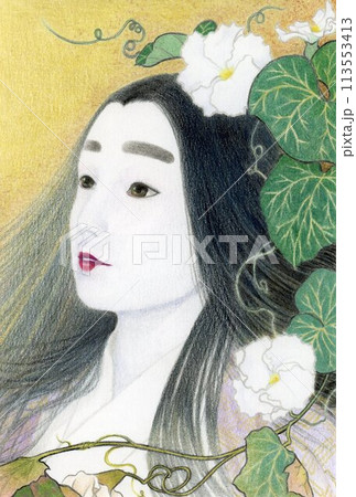 日本画風装飾的な夕顔と平安時代女性の見上げる顔 113553413