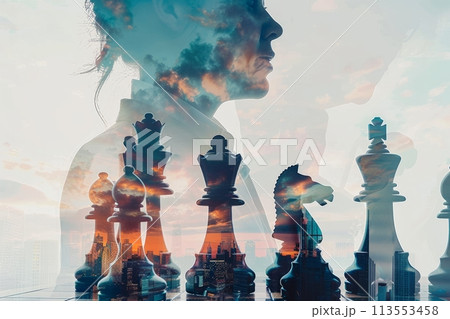 Double exposure of a thoughtful woman overlaid with chess pieces against a city skyline, symbolizing strategic thinking in business 113553458
