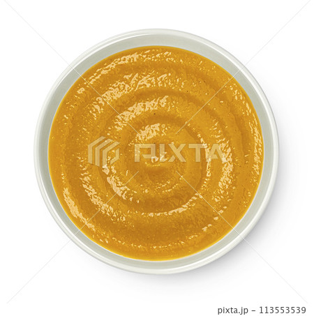 Pumpkin cream soup isolated on white background, top view, package design element Pumpkin cream soup isolated on white background, top view, package design element 113553539