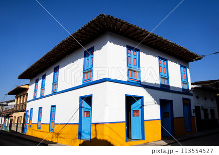 Beautiful streets at the historical downtown of the heritage town of Salamina located at the Caldas department in Colombia. 113554527