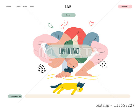 Life Unframed: Yoga -modern flat vector concept illustration of man tied himself in knot, doing yoga. Metaphor of unpredictability, imagination, whimsy, cycle of existence, play, growth and discovery 113555227