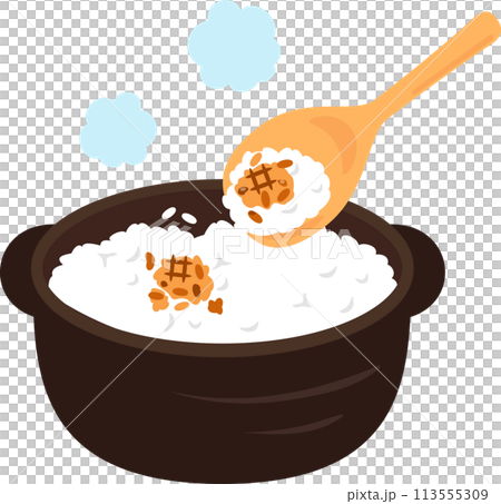 土鍋で炊いたお焦げのあるご飯 113555309