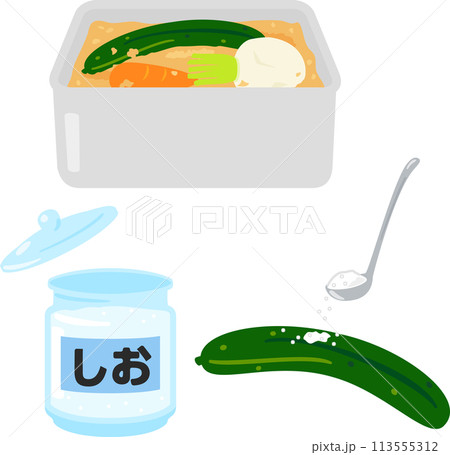 塩を振りかけたキュウリと糠床、塩もみ 塩を振りかけたキュウリと糠床、塩もみ 113555312