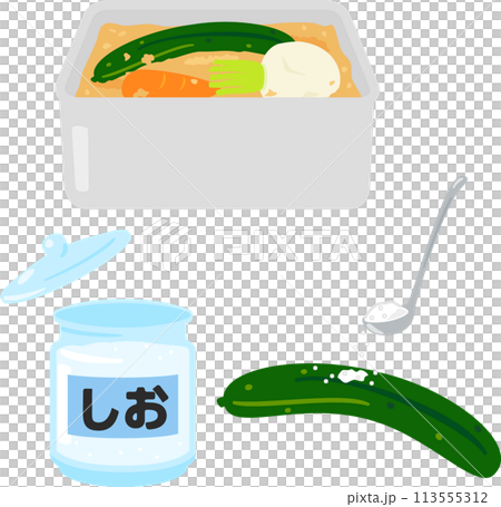 塩を振りかけたキュウリと糠床、塩もみ 塩を振りかけたキュウリと糠床、塩もみ 113555312