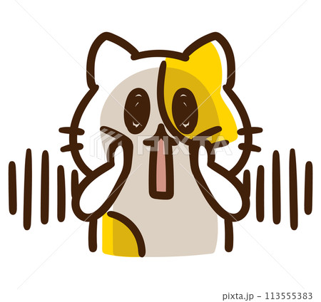 ショックでムンクの叫びポーズをするかわいいねこのキャラクターのデフォルメイラスト 113555383