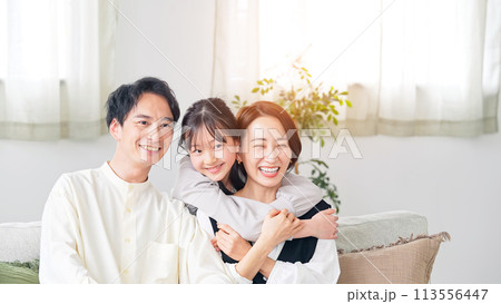 リビングルームでハグする親子 リビングルームでハグする親子 113556447