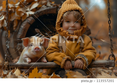公園で遊ぶ子豚と男の子 113557201