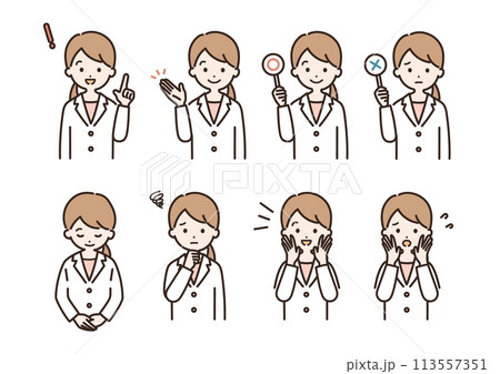 白衣姿の女性の表情セット＿上半身 113557351