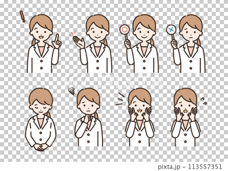 白衣姿の女性の表情セット＿上半身 113557351