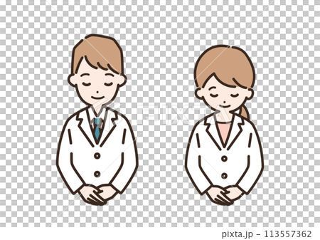 Illustration of a man and woman in white lab coats bowing_upper body 113557362