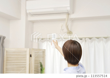 エアコンのリモコンを使う女性の後ろ姿 エアコンのリモコンを使う女性の後ろ姿 113557514