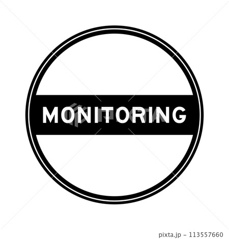 Black color round seal sticker in word monitoring on white background Black color round seal sticker in word monitoring on white background 113557660