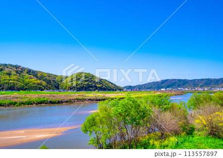 春の木津川と男山 春の木津川と男山 113557897