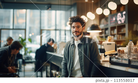 カフェカウンターで笑顔の男性 man smiling at Barista cafe counter カフェカウンターで笑顔の男性 man smiling at Barista cafe counter 113558017