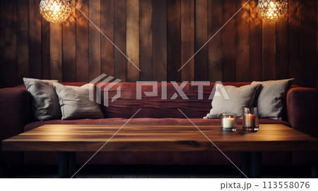 ラウンジやバーのソファと木製テーブル table sofa in bar lounge AI生成画像 113558076