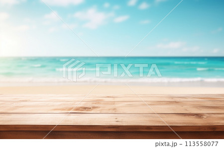 青いビーチのテーブルやウッドデッキ  Table or wood deck beach AI生成画像 113558077