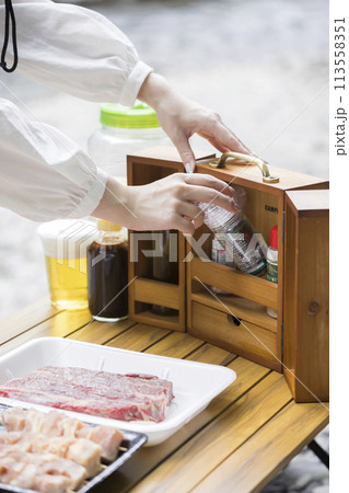 バーベキューイメージ 調味料入れから調味料を取り出す女性手元 バーベキューイメージ 調味料入れから調味料を取り出す女性手元 113558351