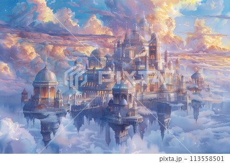 A beautiful painting of a city in the sky with white clouds and blue sky. 113558501