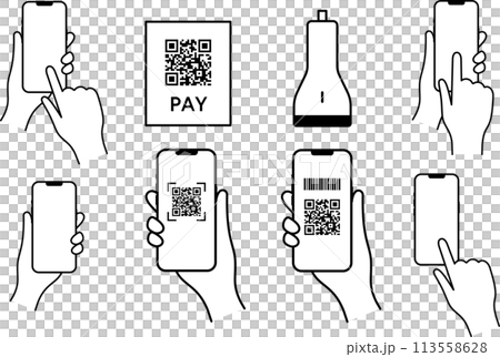 Illustration set of hands holding a smartphone Cashless payment Illustration set of hands holding a smartphone Cashless payment 113558628