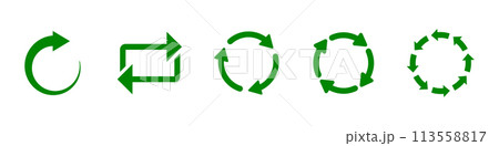 Circular recycling symbol set in green color. Circle recycle arrow icon set. Circular recycle, reuse, reload, refresh, repeat icon set in green color isolated on white background. 113558817