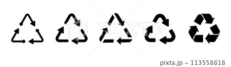 Recycling symbol set in black color. Triangle recycle arrow icon set. Triangular recycle, reuse icon set. Set of triangular recycling icons in black color isolated on white background. 113558818