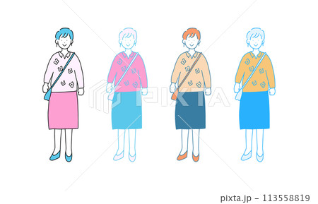 ぽっちゃりのおしゃれな女性の立ち姿の線画のベクターイラストセット 113558819