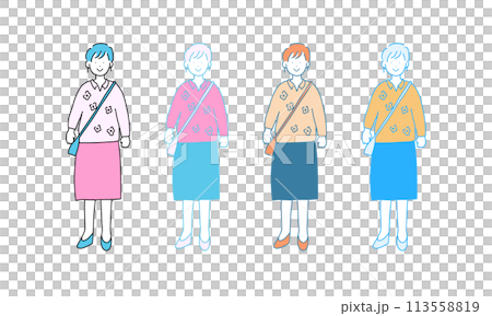 ぽっちゃりのおしゃれな女性の立ち姿の線画のベクターイラストセット 113558819