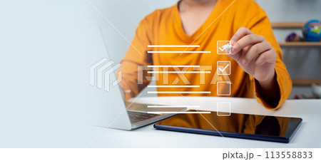 Business woman checking information from electronic online form, Checklist and filling survey form online, Document management system, DMS, Quality control and accuracy Check. 113558833
