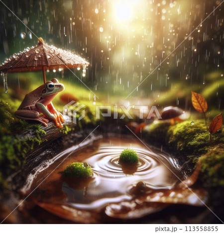 雨の日に傘をさしているカエル 113558855