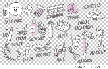 Fashionable cosmetics, skin care, blush, eyeshadow and glitter decorations and other makeup tools vector illustration Fashionable cosmetics, skin care, blush, eyeshadow and glitter decorations and other makeup tools vector illustration 113559353