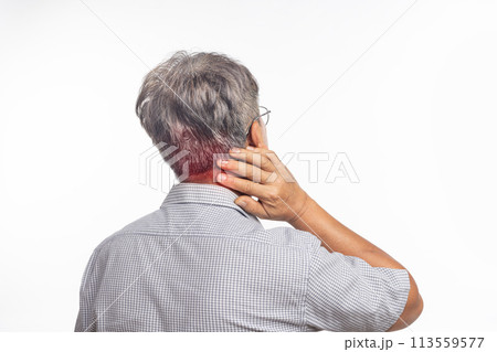 Senior man neck pain because of Cervical Spondylosis disease. Senior man neck pain because of Cervical Spondylosis disease. 113559577