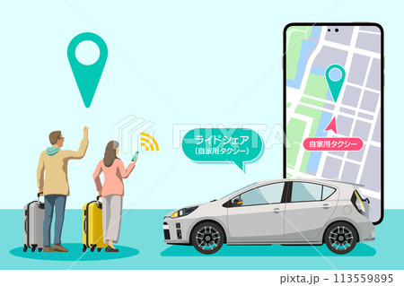 スマートフォンでタクシー／ライドシェアの車両を手配する外国人観光客／日本版ライドシェアのイメージ 113559895