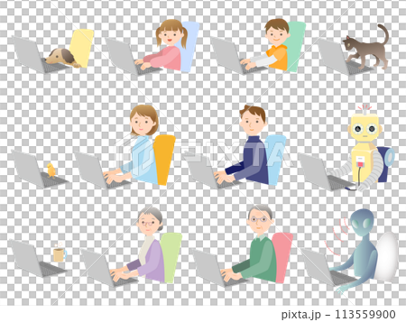 一個人在電腦前工作並與朋友一起玩耍 113559900