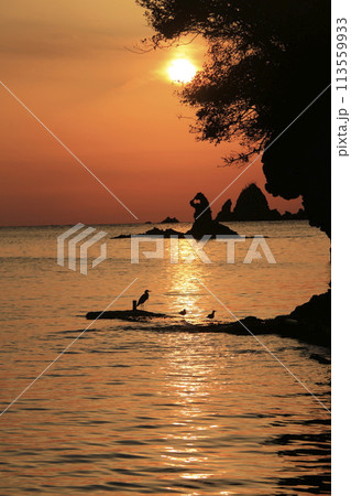 美しい海岸の島々の向こうに落日 美しい海岸の島々の向こうに落日 113559933